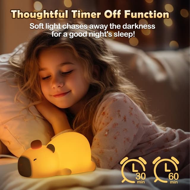 Detalle de NICE POINT Kids Night Light – Cute Capybara Silicone Nursery Lamp (USB rechargeable, 10 RGB modes)