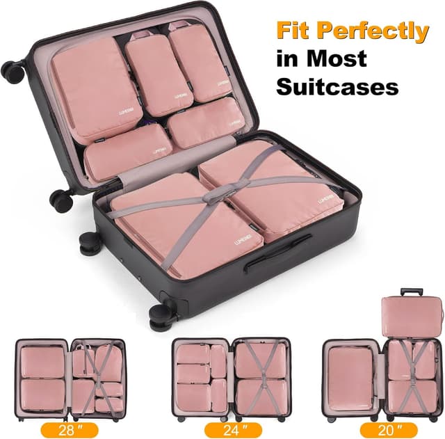 Detalle de Lumesner Compression Packing Cubes – 8-piece travel essentials set for carry-on suitcases (Pink)