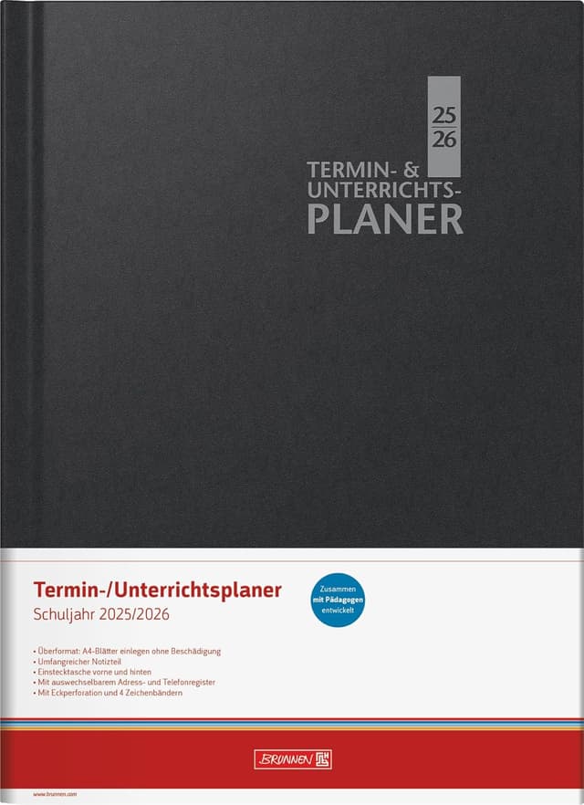 Detalle 2 de BRUNNEN Termin- & Unterrichtsplaner 2025/2026 (A4) – Baladek-Kunststoffeinband, schwarz