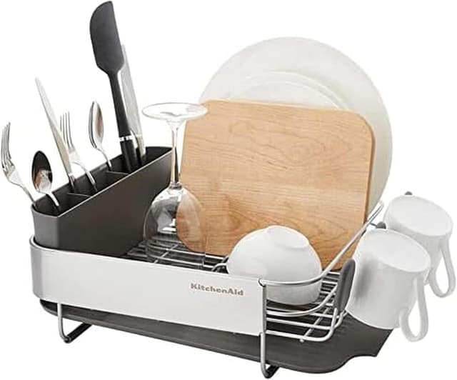Detalle de KitchenAid Compact Space Saving Rust Resistant Dish Rack (Angled Self-Draining Drainboard) with Removable Flatware Caddy, Gray