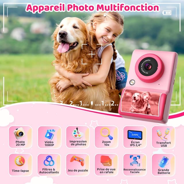 Detalle de CHAKEYAKE Appareil photo instantané enfant 20MP, écran 2,4 pouces et impression couleur (rose)