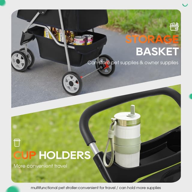 Detalle de BestPet 3-Wheel Pet Stroller (Dog and Cat) with Breathable Mesh, Waterproof Foldable Design, Storage Basket