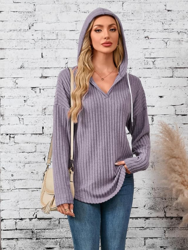 Detalle de Famulily Lightweight V-Neck Hooded Jumper for Women – Soft, Breathable Layering Hoodie