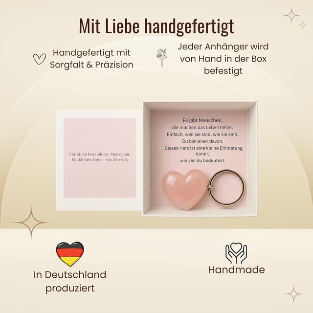 Detalle de Milaboo handgefertigte Geschenkbox mit Herzstein-Anhänger aus Rosenquarz – persönliche Stülpbox mit Botschaft