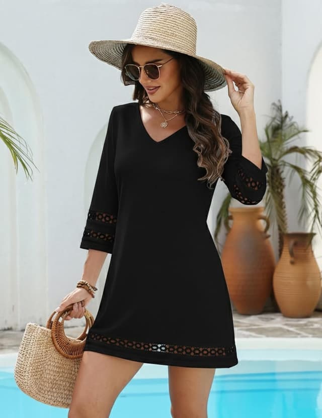 Detalle de VIMPUNEC V-Neck Swimsuit Coverup for Women — V-Neck 3/4 Sleeve Beach Dress Shirt