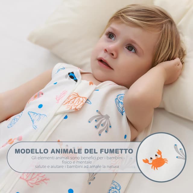 Detalle de Mosebears Sacco nanna estivo per bambini 0,5 Tog in cotone traspirante (2 confezioni, M 6-12 mesi) con fantasia animali