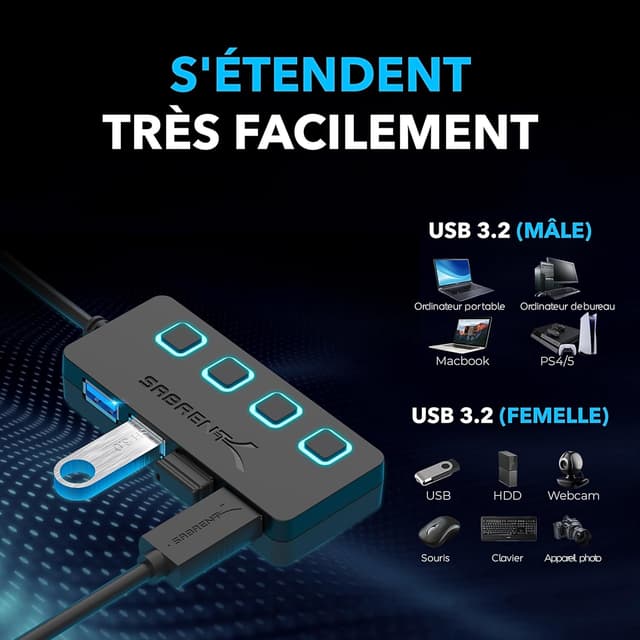 Detalle de SABRENT Hub USB alimenté 4 ports USB 3.0 ultra-rapide 5 Gbps (HB-UMP3) avec interrupteurs et voyants