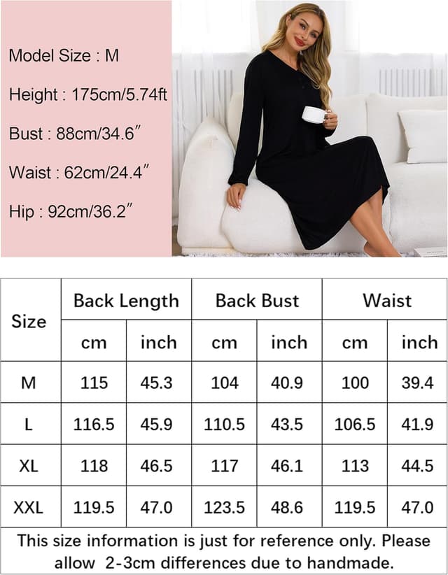 Detalle de Lovasy long-sleeve cotton nightdress for women with pockets – long nightshirt nightwear