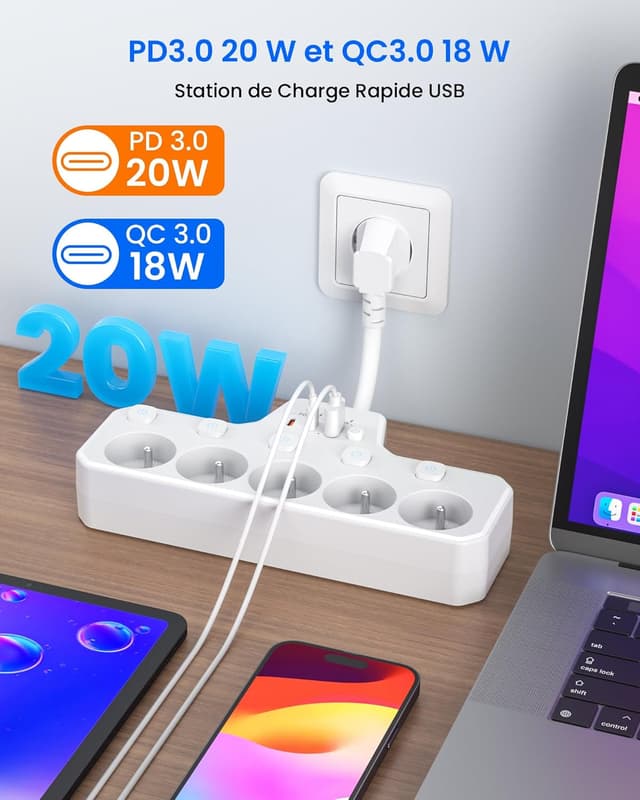 Detalle de Multiprise murale 5 prises françaises avec interrupteur individuel et USB C PD20W (blanc)