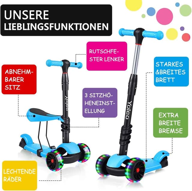 Detalle de YOLEO Kinderroller 3-in-1 mit Sitz, Höhe 65–77 cm