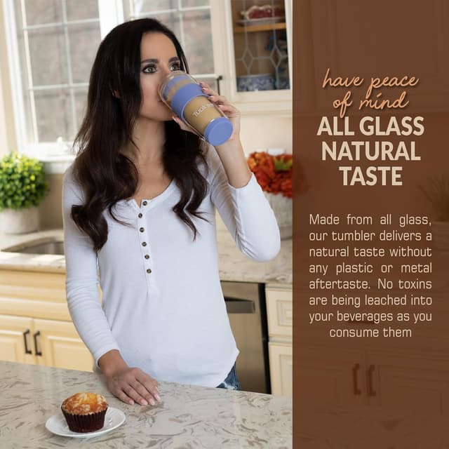 Detalle 2 de Tupkee 14 oz Double-Wall Glass Travel Cup with Hand-Blown Borosilicate, Lid & Silicone Sleeve (Jacaranda)