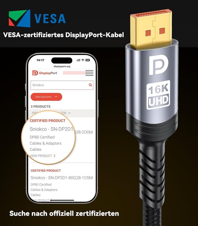 Detalle 2 de Sniokco DisplayPort Kabel 2.1 1,5 m