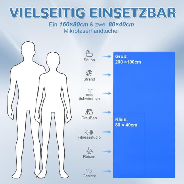 Detalle de Fosdaling Mikrofaser Handtuch-Set (3-teilig) – 200×100 cm + 2×80×40 cm, schnelltrocknend (Königsblau)