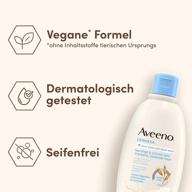 Detalle 2 de Aveeno Dermexa vegane seifenfreie Duschcreme mit Haferkomplex – für sehr trockene, juckende & zu Ekzemen neigende Haut (300 ml)