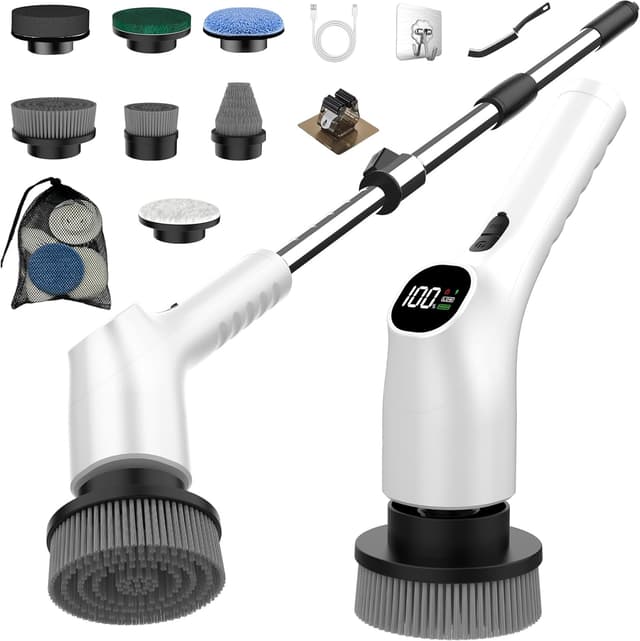 Detalle de Vicmayun Elektrische Reinigungsbürste mit 7 Wechselbürsten, IPX7 & verstellbarem Griff (30–120 cm)