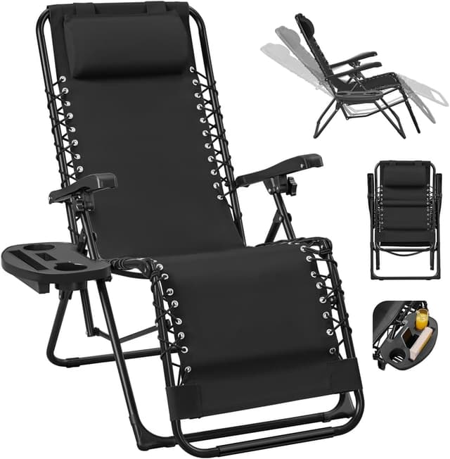 Detalle de Yaheetech Set di 2 sedie a sdraio pieghevoli a gravità zero con vassoio rimovibile, nero