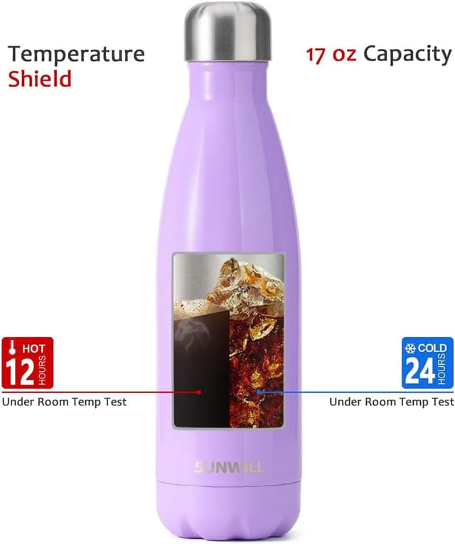 Detalle de SUNWILL Metal Water Bottle (Stainless Steel) 500ml – Vacuum Insulated Thermal Flask for Hot & Cold Drinks