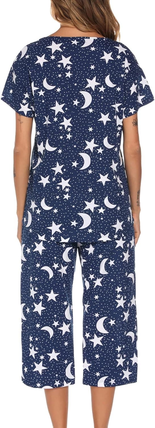 Detalle 2 de ENJOYNIGHT Women’s Cotton Pajama Set (Short-Sleeve V-Neck Top + Capri Pants)