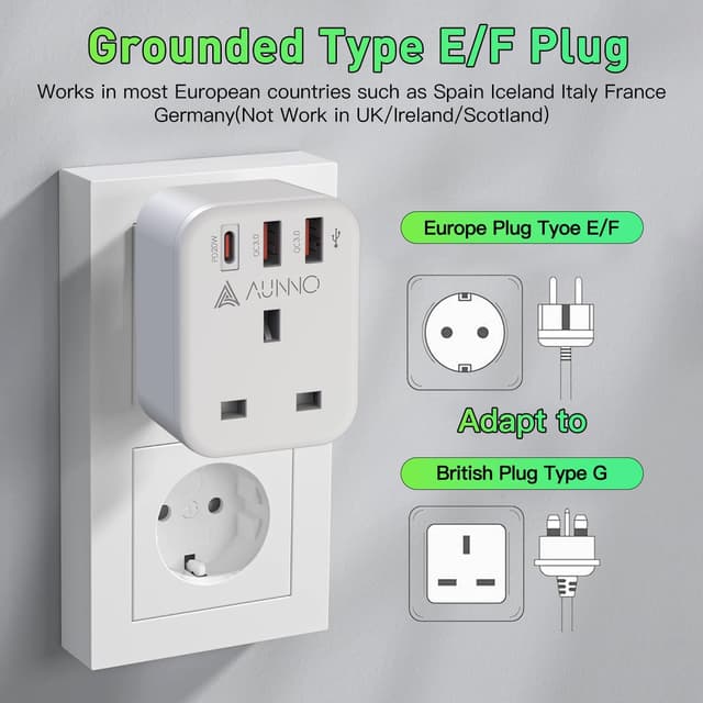 Detalle de AUNNO UK to European Plug Adapter PD 20W, 2 USB ⚡