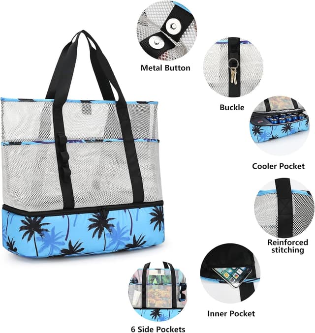 Detalle de UYLIA 8-Taschen Tote Mesh Strandtasche inkl. Kühlfach – faltbar, wasserdicht für Strand, Reise & Picknick