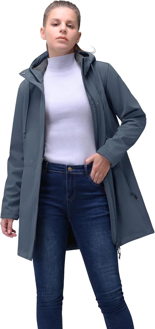 Detalle 2 de 33,000ft Damen Softshell-Regenjacke lang mit Kapuze – leichter wasser- und windabweisender Funktionsmantel