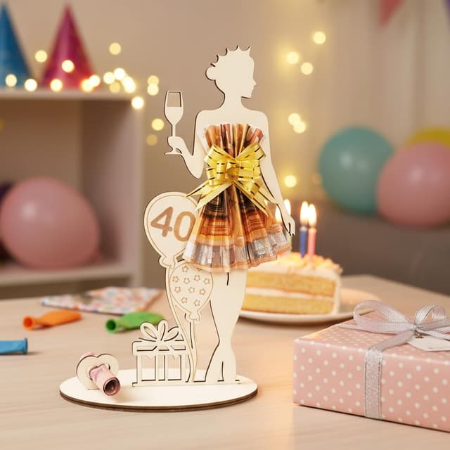 Detalle de Geldgeschenke Geburtstag Frau (40. Geburtstag) – personalisierbares Holz-Schild als Gästebuch