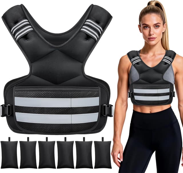 Detalle de Adjustable Weighted Vest (4-11 lb / 11-18 lb / 20-32 lb) with 6 Iron Sandbags, Storage Pockets & Reflective Stripes