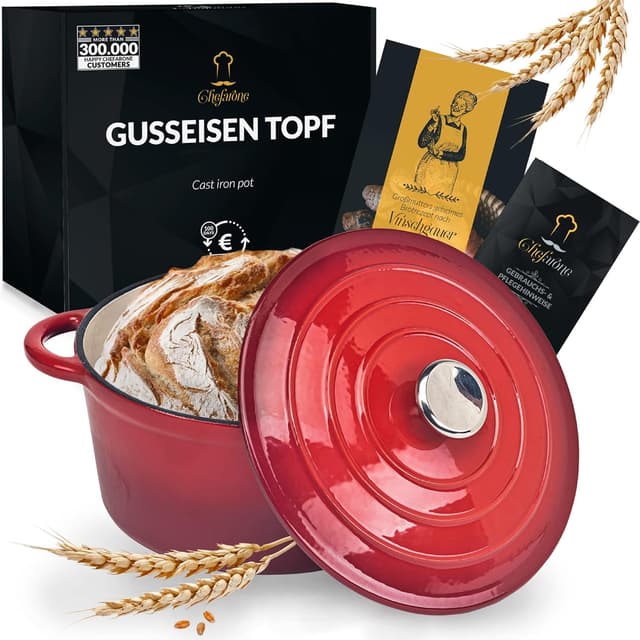 Detalle de Chefarone Gusseisen Topf 24 cm (3,5 L) – emaillierter Schmortopf mit Deckel für Brotbacken, Schmoren & Braten