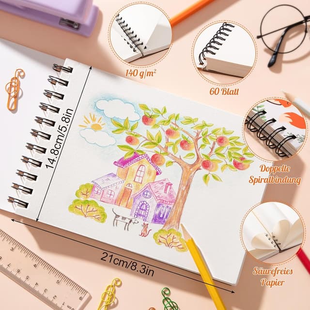 Detalle de Skizzenbuch A5 für Kinder (140 g/m²) mit Doppelspiralbindung – 60 Blatt / 120 Seiten, blanko