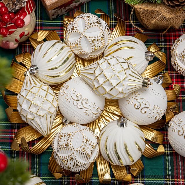 Detalle de Oairse 16-piece Christmas tree baubles set (shatterproof) in white and gold