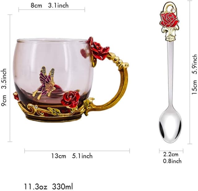 Detalle 2 de Luka Tech Enamel Butterfly & Rose Lead-Free Glass Coffee Mug with Steel Spoon (Rose)