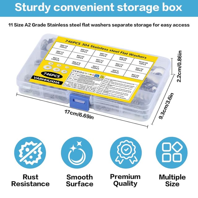 Detalle de VARHHUXHA 746-piece stainless steel flat penny washers set (M2–M10)