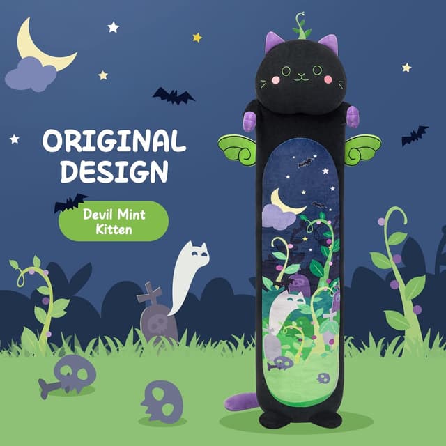 Detalle de Mewaii 130 cm Plüschkissen Katze „schlafend“, Minze – langes Wurfkissen zum Kuscheln und Schlafen