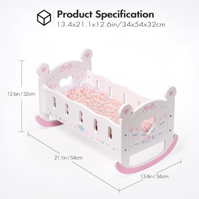 Detalle de ROBOTIME Wooden Baby Doll Crib for 18-24 Inch Dolls (with blanket and pillow) — rocker doll cradle bed
