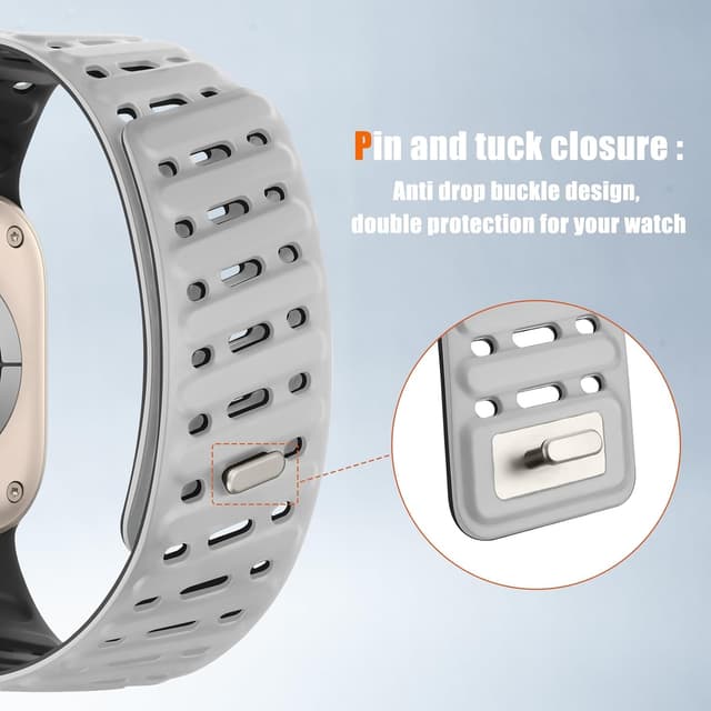 Detalle 2 de Tasikar Clip Magnetic Straps for Apple Watch – Grey-Black silicone waterproof breathable band (fits 42–49mm)