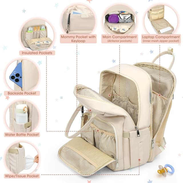 Detalle de RAINSMORE Baby Wickelrucksack Groß – 3-teiliges Wickelset mit Kinderwagengurten, Wickelunterlage und wasserdichten Fächern (Aprikose)