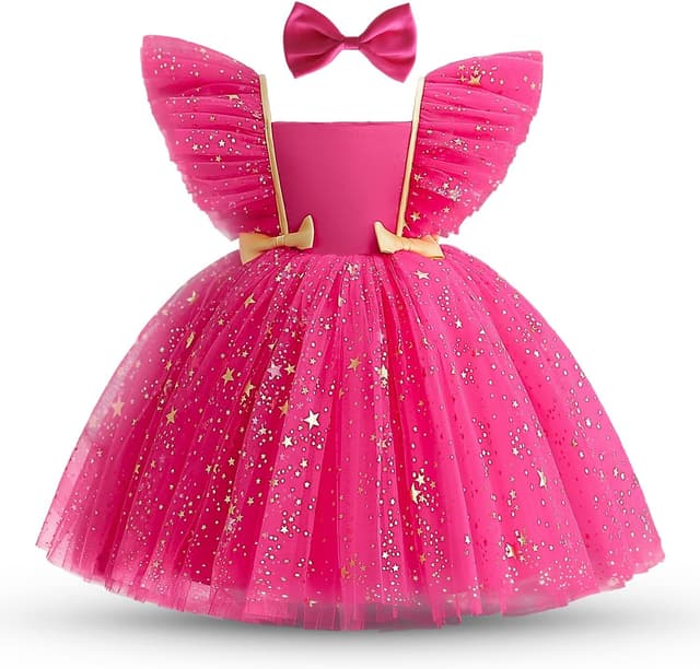 Detalle de NNJXD hot pink princess tutu dress with gold star sequins and satin bodice