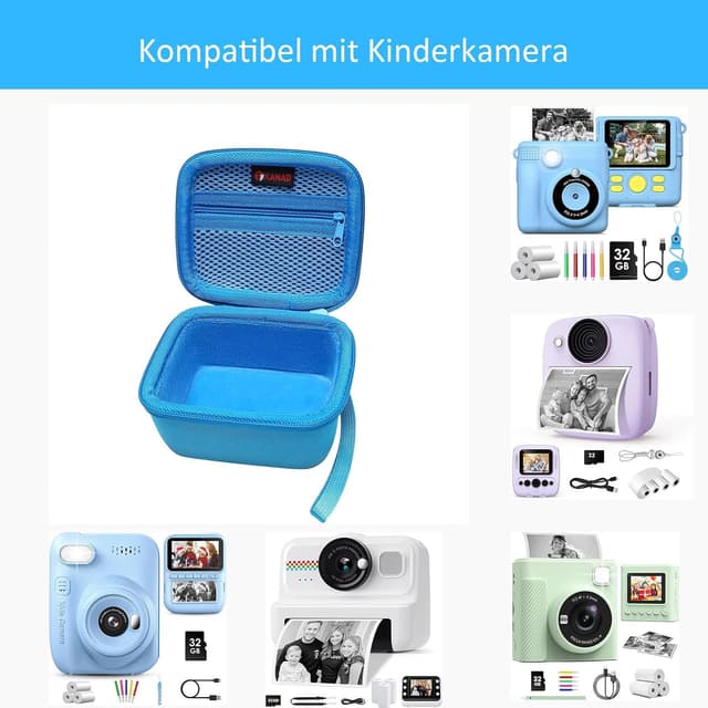 Detalle de XANAD Kinderkamera Tasche für Sofortbildkamera – Schutzetui mit Thermodruckpapier, Hartschale & Gurt (Blau)