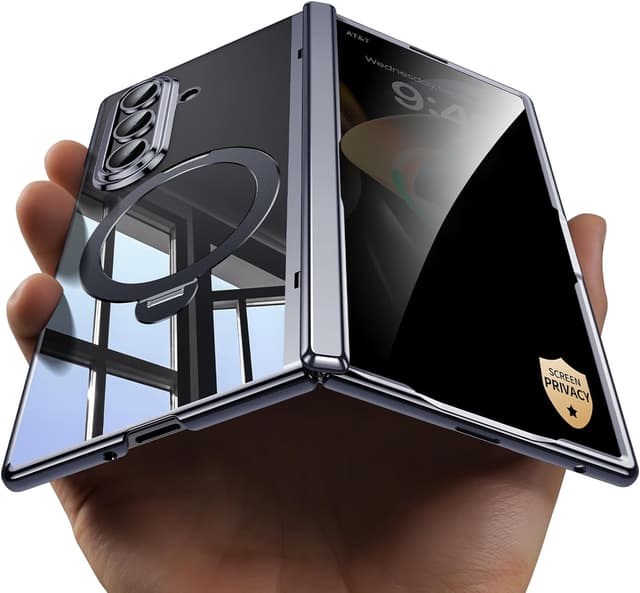 Detalle de Clear for Galaxy Z Fold 7 Case with Privacy Screen Protector, Magsafe Fit, Magnetic Kickstand & Ring Holder (Hinge Protection) - Black