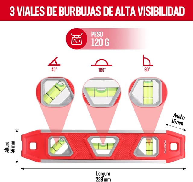 Detalle 2 de WORKPRO Nivel de Burbuja Magnético 23 cm