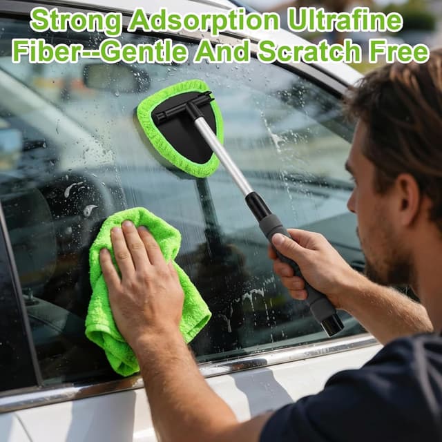 Detalle de Autofensterreiniger mit ausziehbarem Griff, 6 Mikrofasertupfer und Sprühflasche – Kit für Windschutzscheibe & mehr