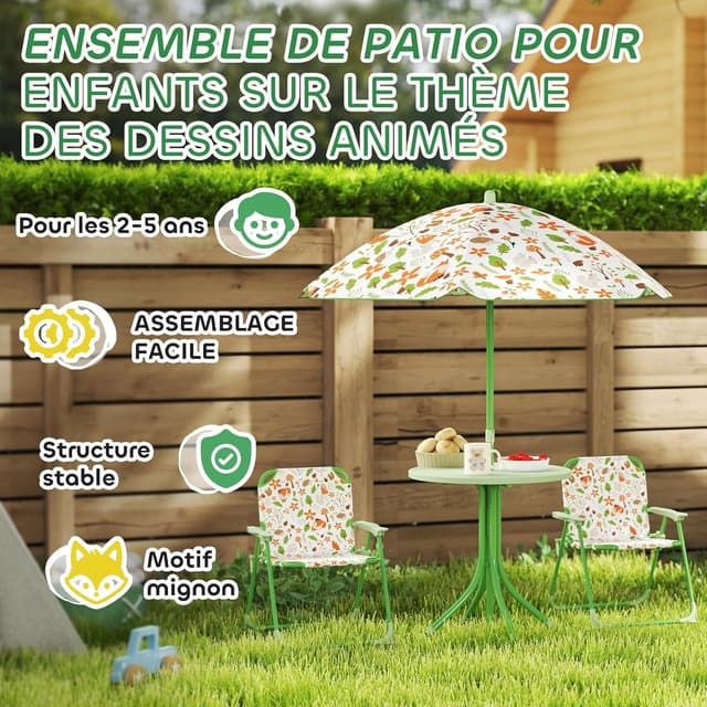 Detalle 2 de AIYAPLAY Ensemble salon de jardin enfant 4 pièces (table, 2 chaises pliantes et parasol) motif éléphant et girafe