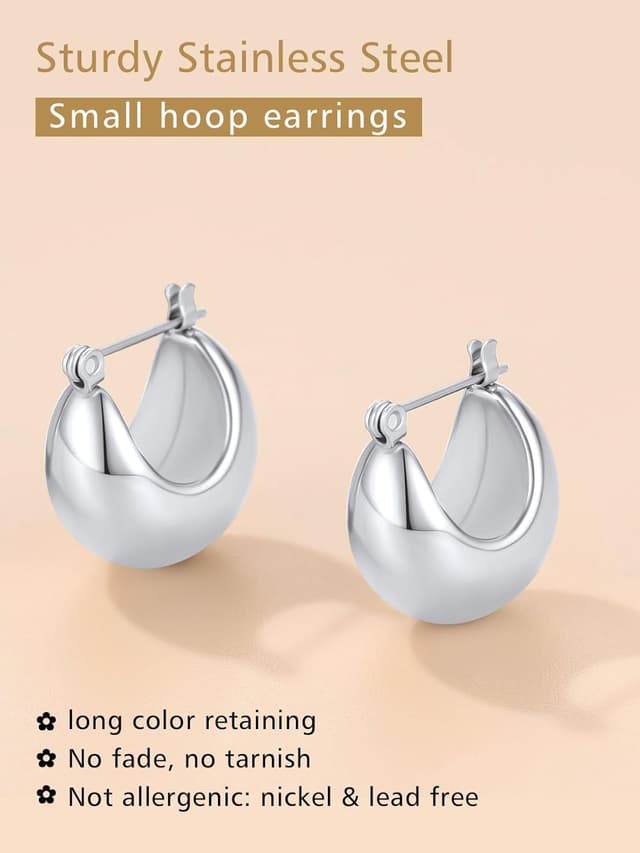 Detalle de FindChic Creolen Ohrringe für Damen & Mädchen aus Edelstahl – Chunky Huggie Hoop in Silber, Gold oder Schwarz (5,7/7,7/11 mm)