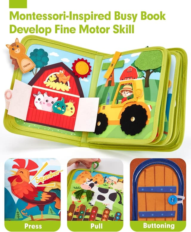 Detalle 2 de hahaland Toddler Busy Book Board Montessori activity toy for 1 year old 🎲