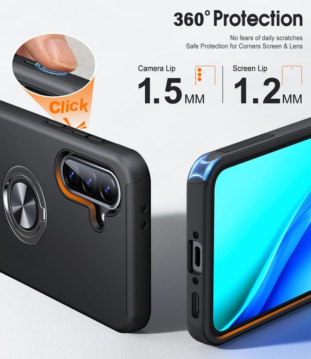 Detalle 2 de AOUIA case for Samsung Galaxy A56 5G (Black) with 2-pack screen protectors and 360° ring kickstand