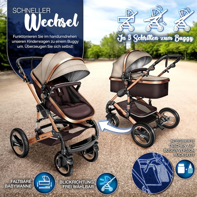 Detalle de KIDUKU 3-in-1 Kinderwagen-Set XXL mit Babywanne, Sportsitz, Buggy-Anpassung & Babyschale