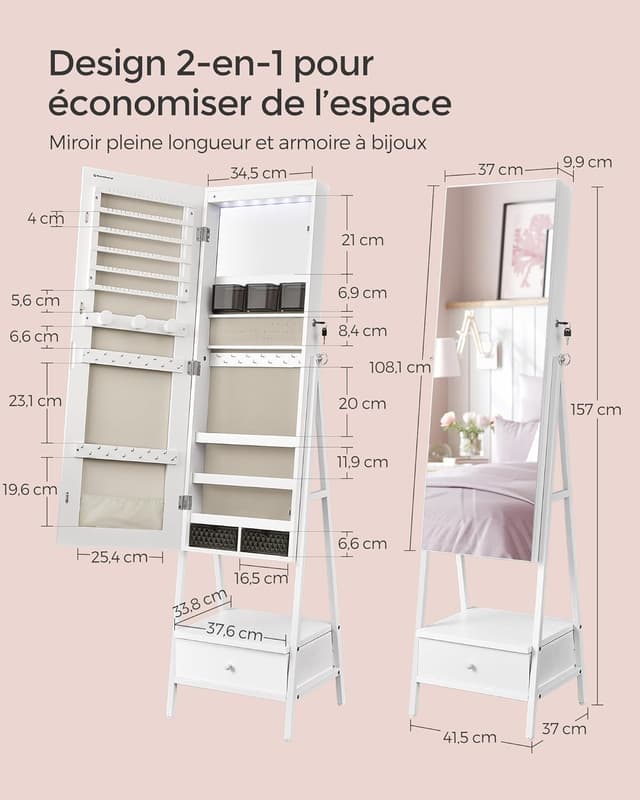Thumbnail 5 de SONGMICS Armoire à Bijoux Miroir LED sur Pied