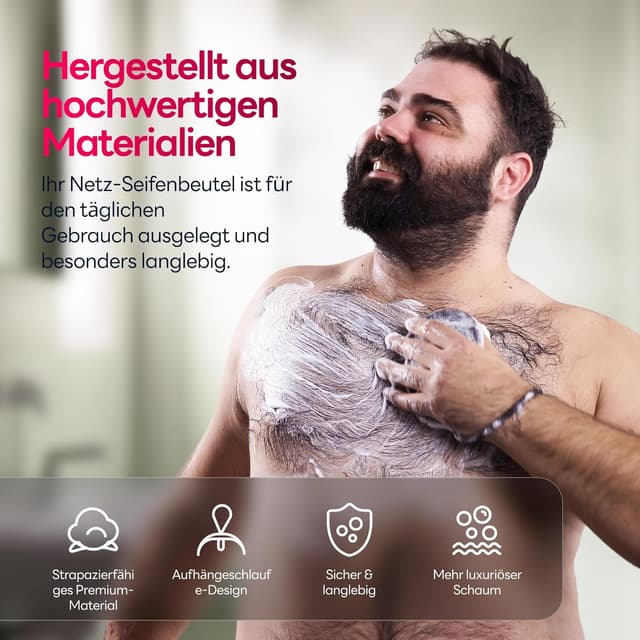 Detalle 2 de Seifenspender-Tasche mit Rauer & Sanfter Peeling-Oberfläche – Netzbeutel mit Griff, 2er Pack