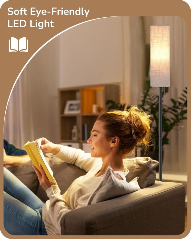 Detalle de EDISHINE 165cm Floor Lamp with Rounded Linen Shade, E27 LED Bulb, Magnetic 2.4G Remote (Black)