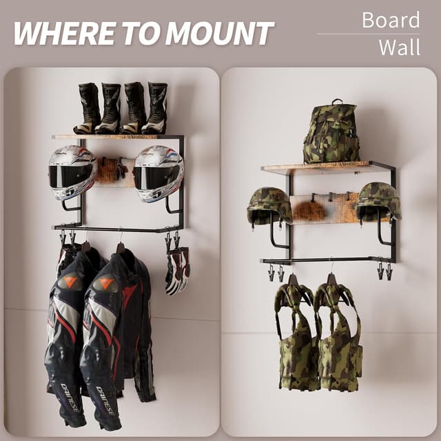 Detalle 2 de OMISRUIS Motorcycle Helmet Holder Wall Mounted with Iron & Wood Rack, 4 Glove Clips and 4 Hooks